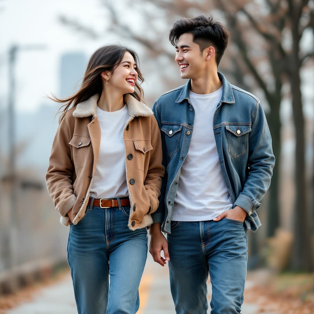 AI generated: "A young man and woman in South Korea walking joyfully while wearing jeans, depicted without wearing...