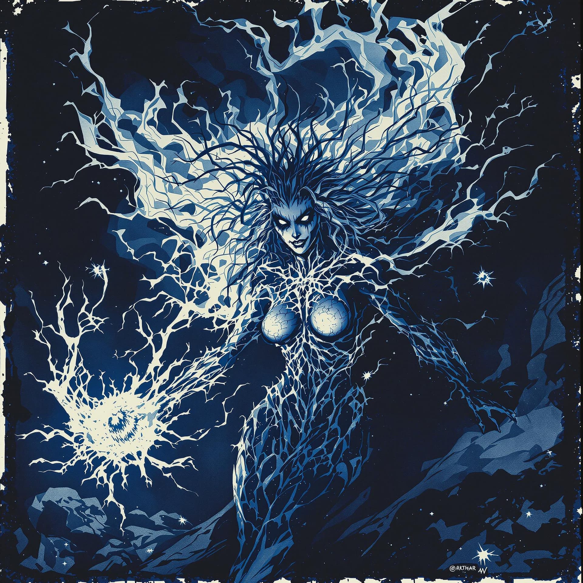AI generated: in cyanotype art style, Arkthar the chaos necromancer (female character), spreading fear and confusi...