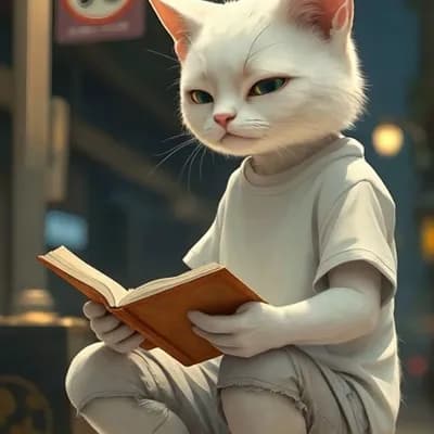 AI generated video: Cat is sad and reading book under street light 