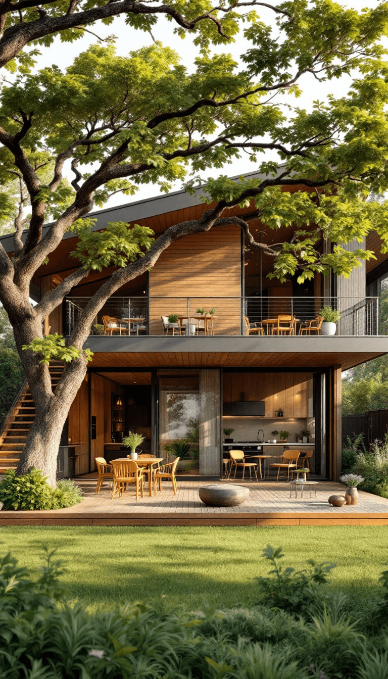 AI generated: A wide-angle shot of a two-story modern cottage house, with the second floor stretching across in wi...
