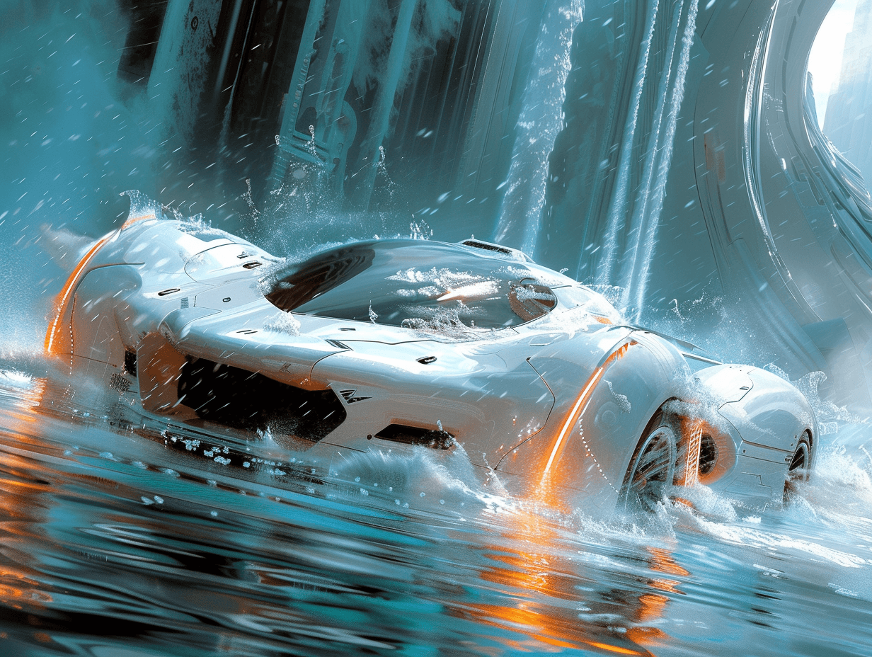 AI generated: a white car driving through water, in the style of futuristic spacecraft design, eerie landscapes, o...
