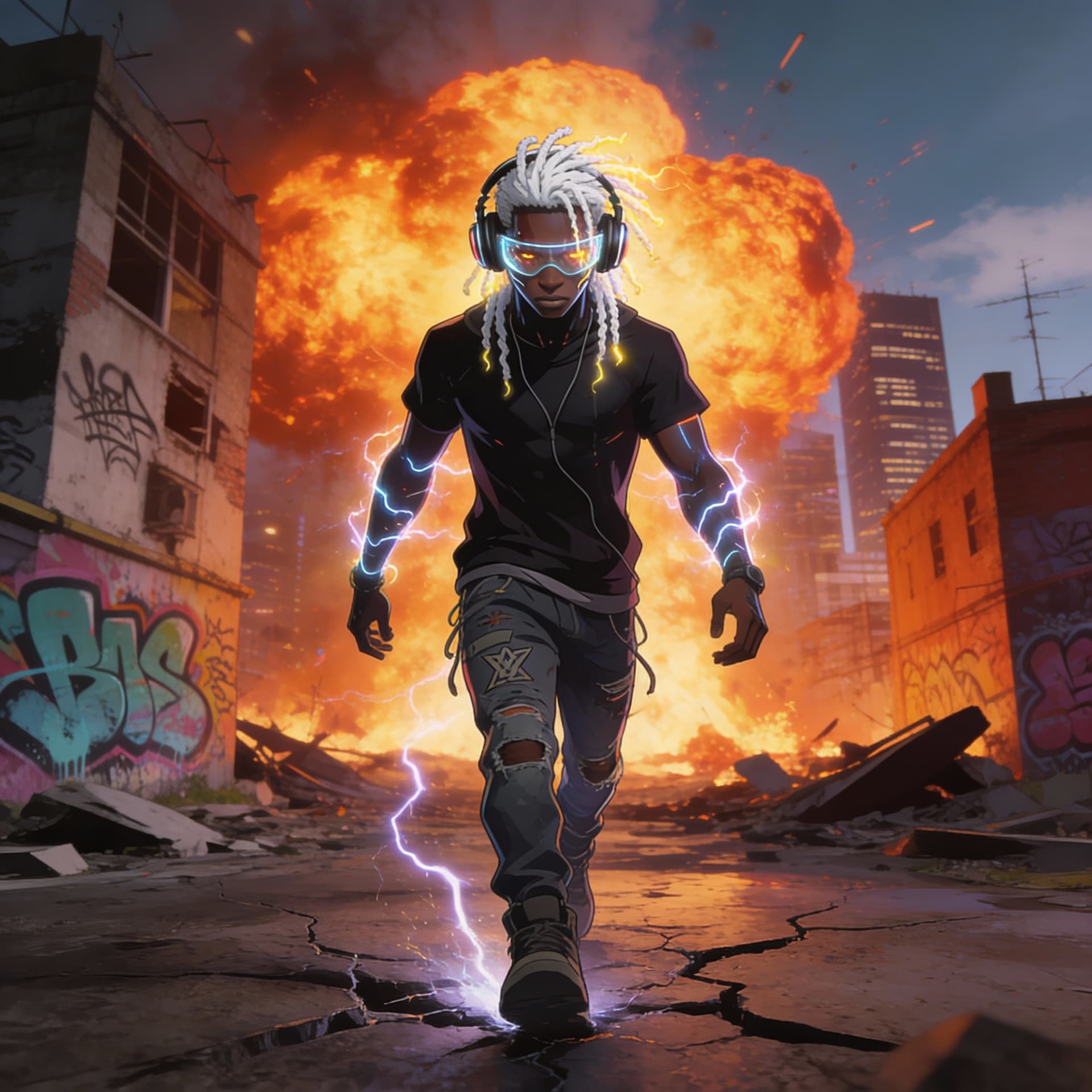 AI generated: A full body 3d illustrated black anime wearing a t-shirt and jeans with designer rips on them is wal...
