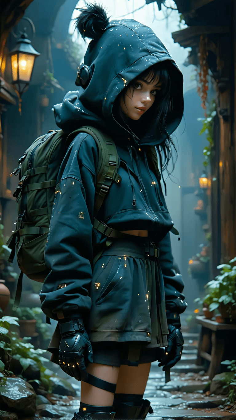 AI generated: ((((adorable,captivating,enchanting,female)))),(top buns),((wearing hood,wearing leggings,wearing mi...