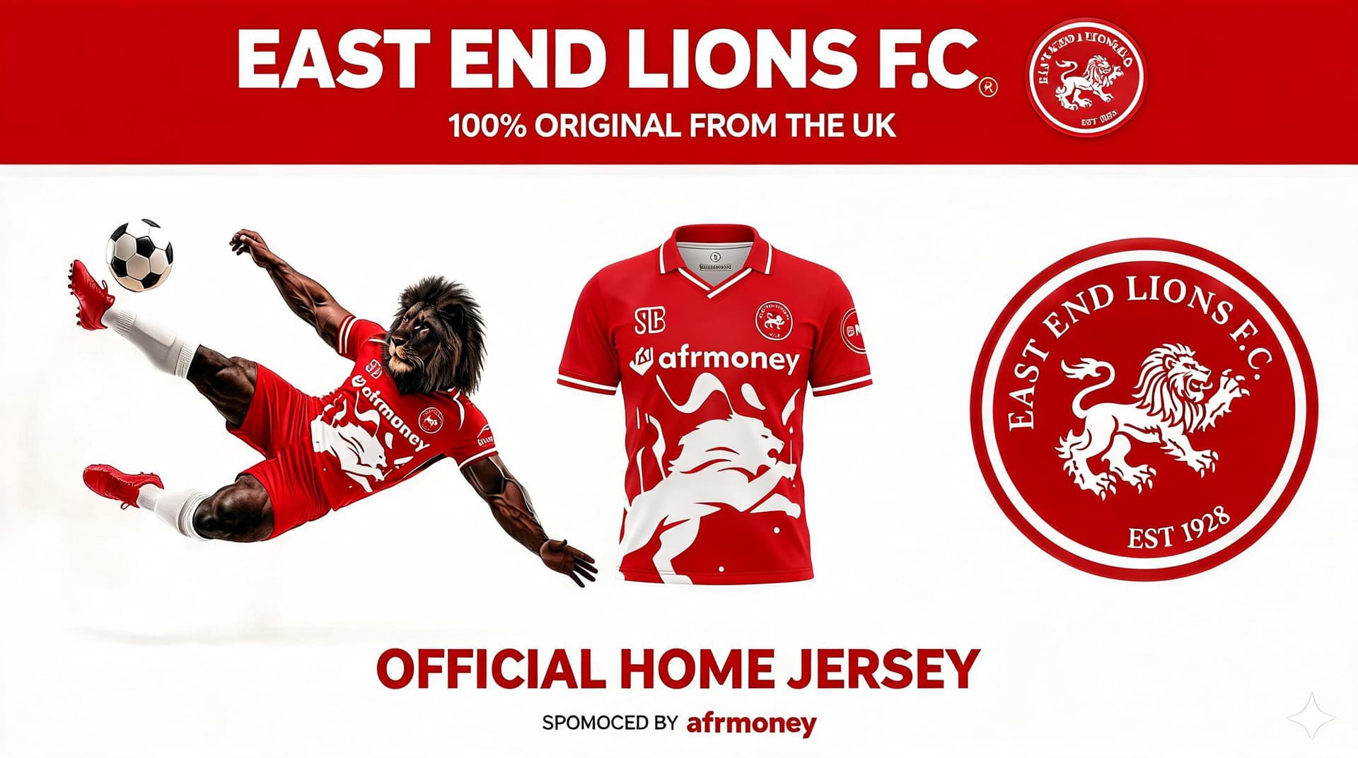AI generated: 100% Original from the UK . East End Lions Jersey generate a promotional flyer for the jersey