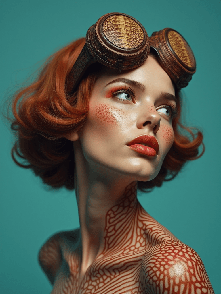 AI generated: A woman with wavy red hair in a voluminous bob, wearing vintage leather goggles on her head, poses t...