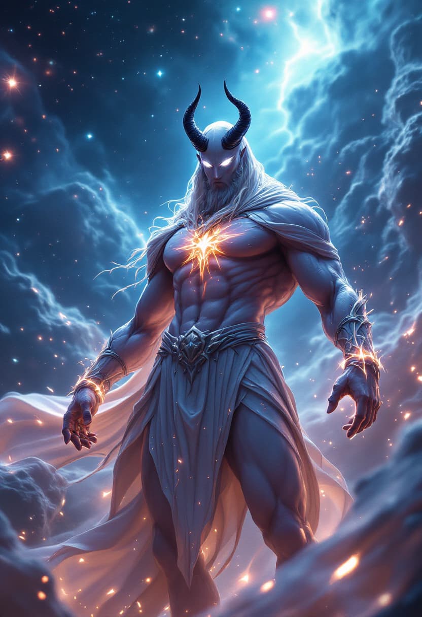 AI generated: God of Health, full-body, Etherial, muscular, No mouth, hair or Beard, Glowing white eyes, epic, cin...