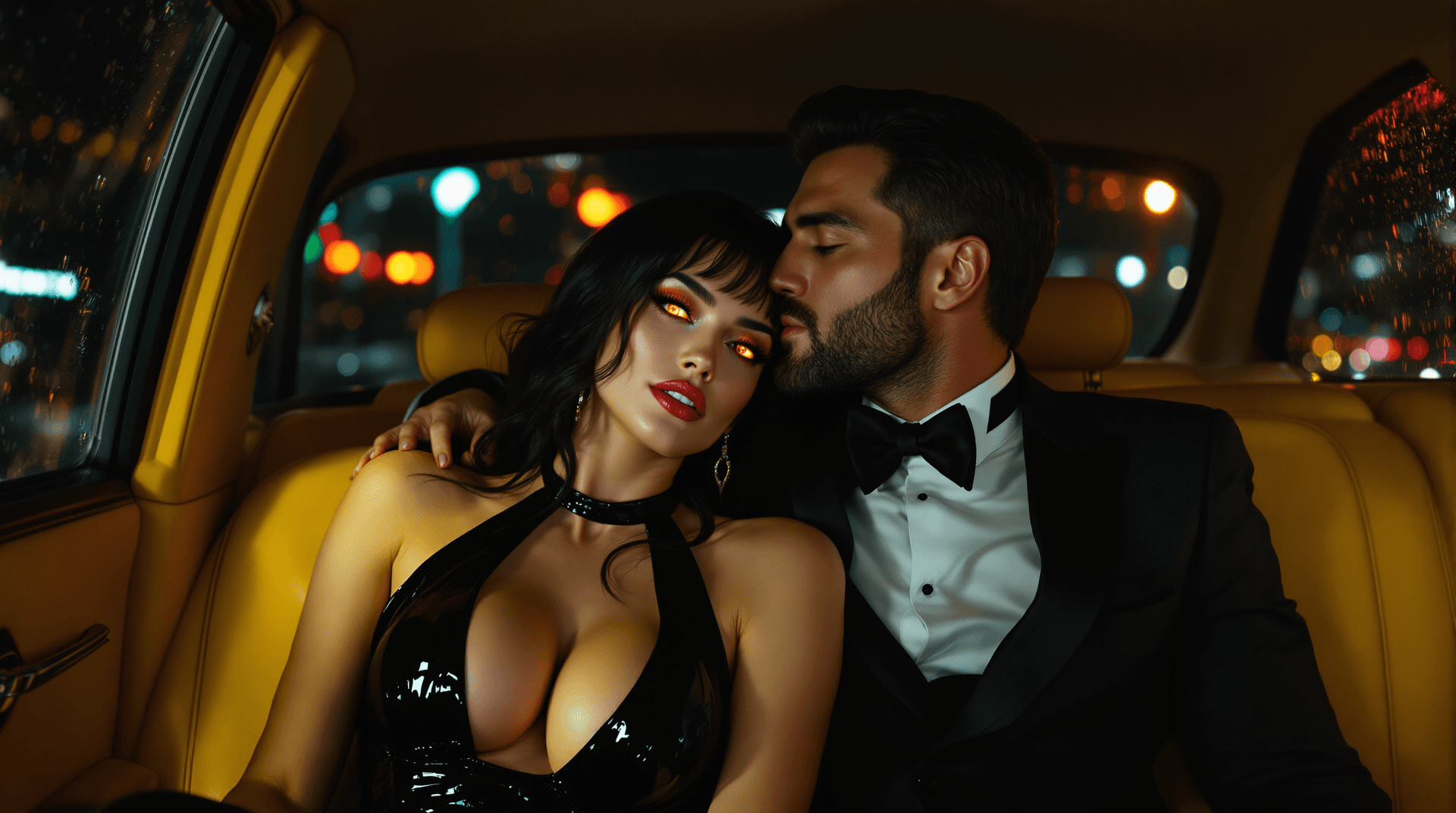 AI generated: Interior of a yellow cab at night. A Caucasian couple (Lilith and Jon) in the back seat. Lilith (plu...
