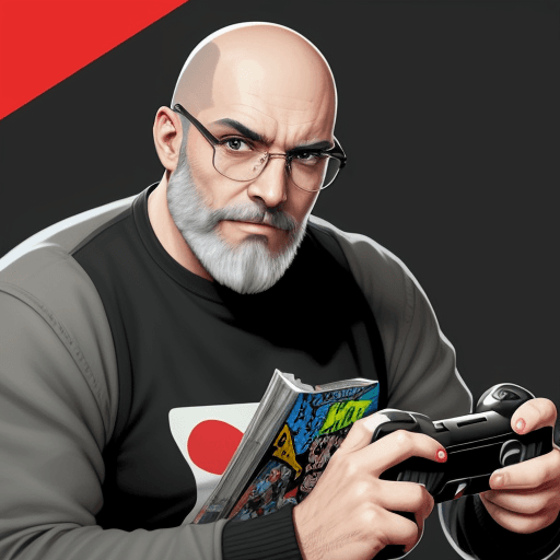 AI generated: A bald man with black and grey beard, Brown Eyes and rounded eyeglasses plays video game with a game...