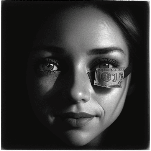 AI generated: colors, eyes covered with a money bill, A soul-stirring close-up portrait of a woman, grins, her gra...