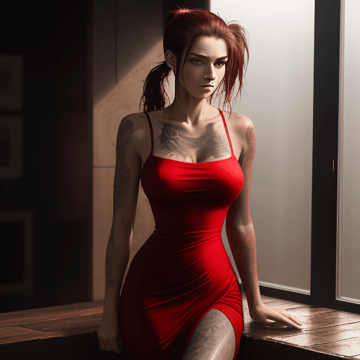 AI generated: Woman standing confidently, deep red dress, tattoo on full body, left hand on hip, right hand on upp...