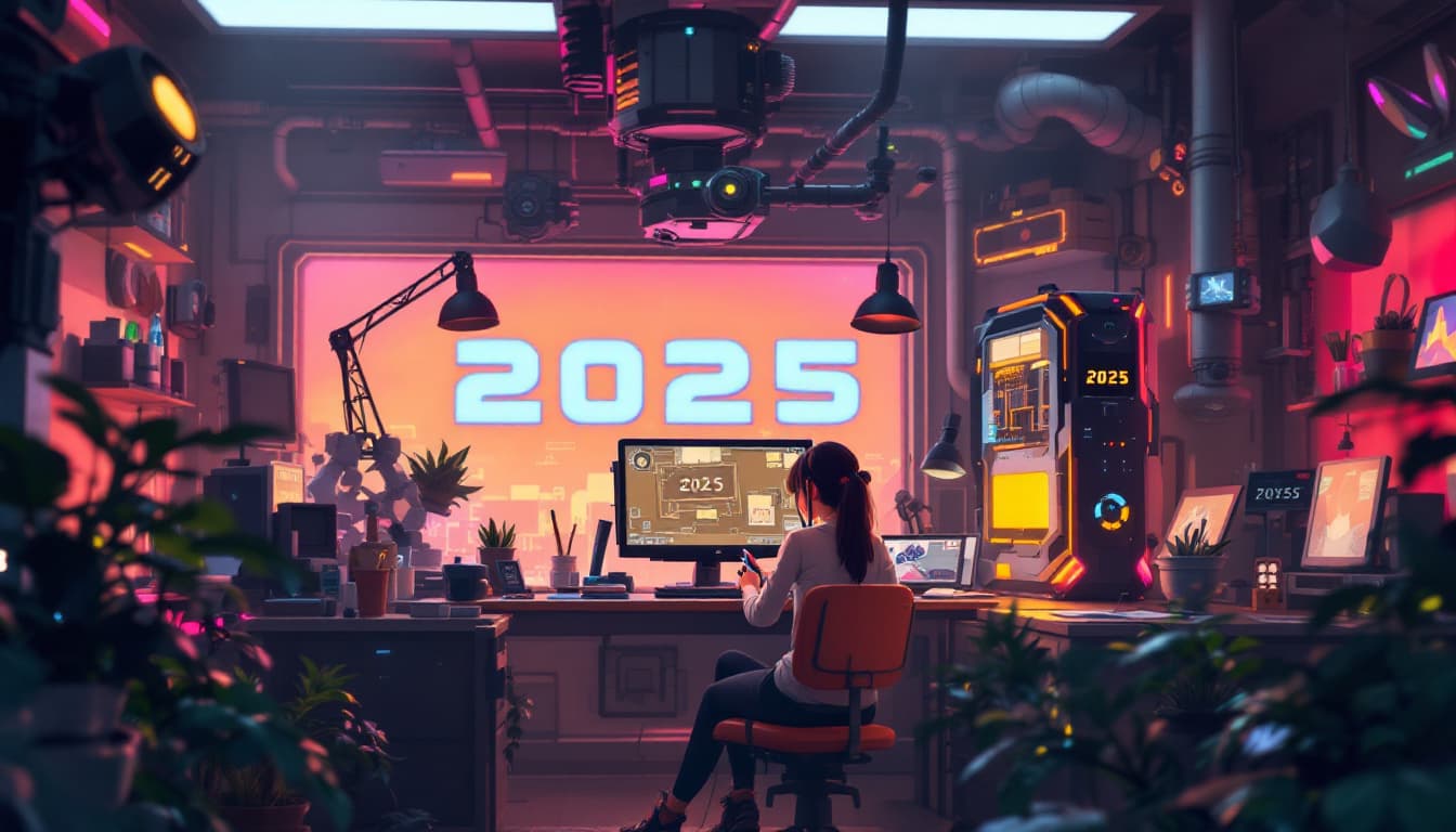 AI generated: Daytime room scene in 2025, an artist girl in a cyberpunk space, sitting at a computer desk holding ...