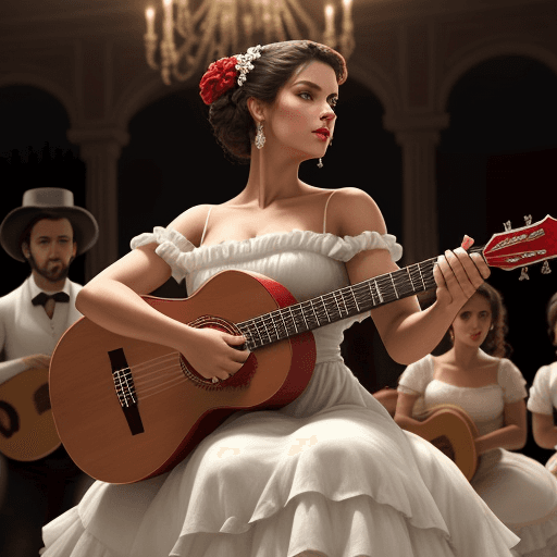 AI generated: woman, flamenco dancer, brunette, updo hair with white roses on, long red dress, playing castnets, i...