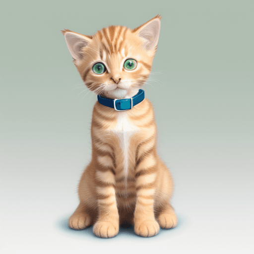 AI generated: Orange striped tabby kitten, four white legs, green eyes, and a blue collar, pencil drawing, digital...