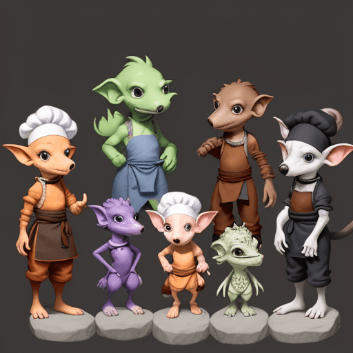 AI generated: create a group of a dozen young kobold of varying ages, each is dressed in chef's clothes