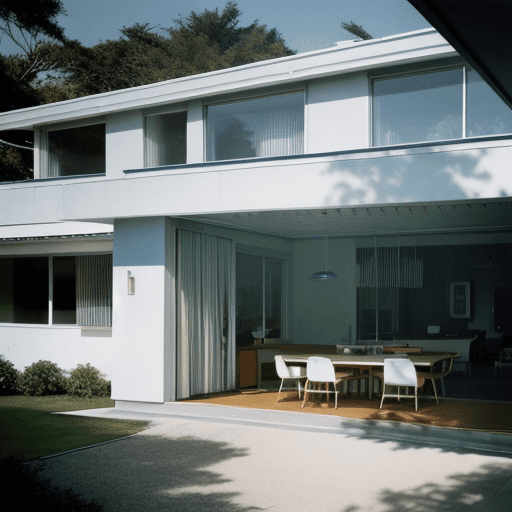 AI generated: Hyper realistic eye level exterior photo of a mid century modern style house overlooking the ocean, ...