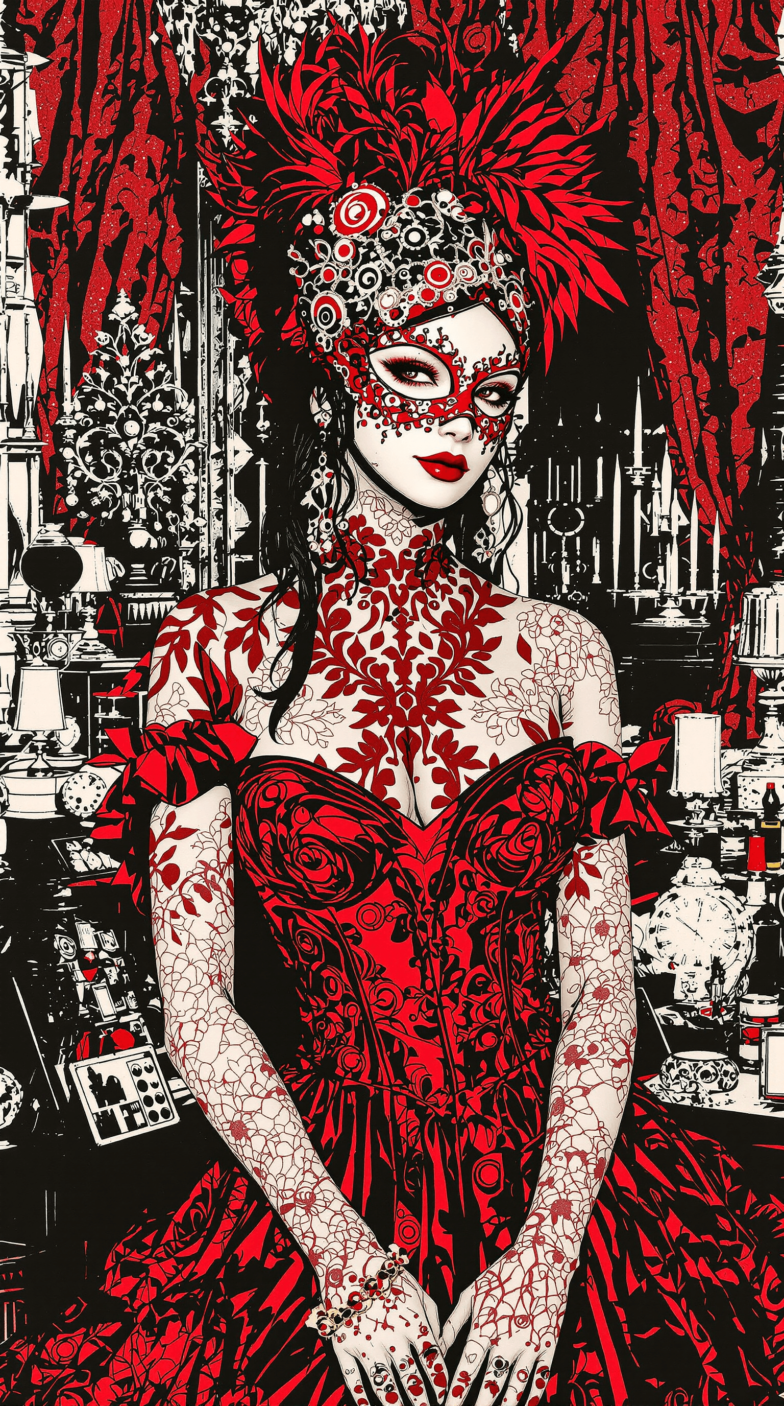 AI generated: Ink portrait of a yandere asian femme fatale in expensive red dress, masquerade mask, body pose, sta...