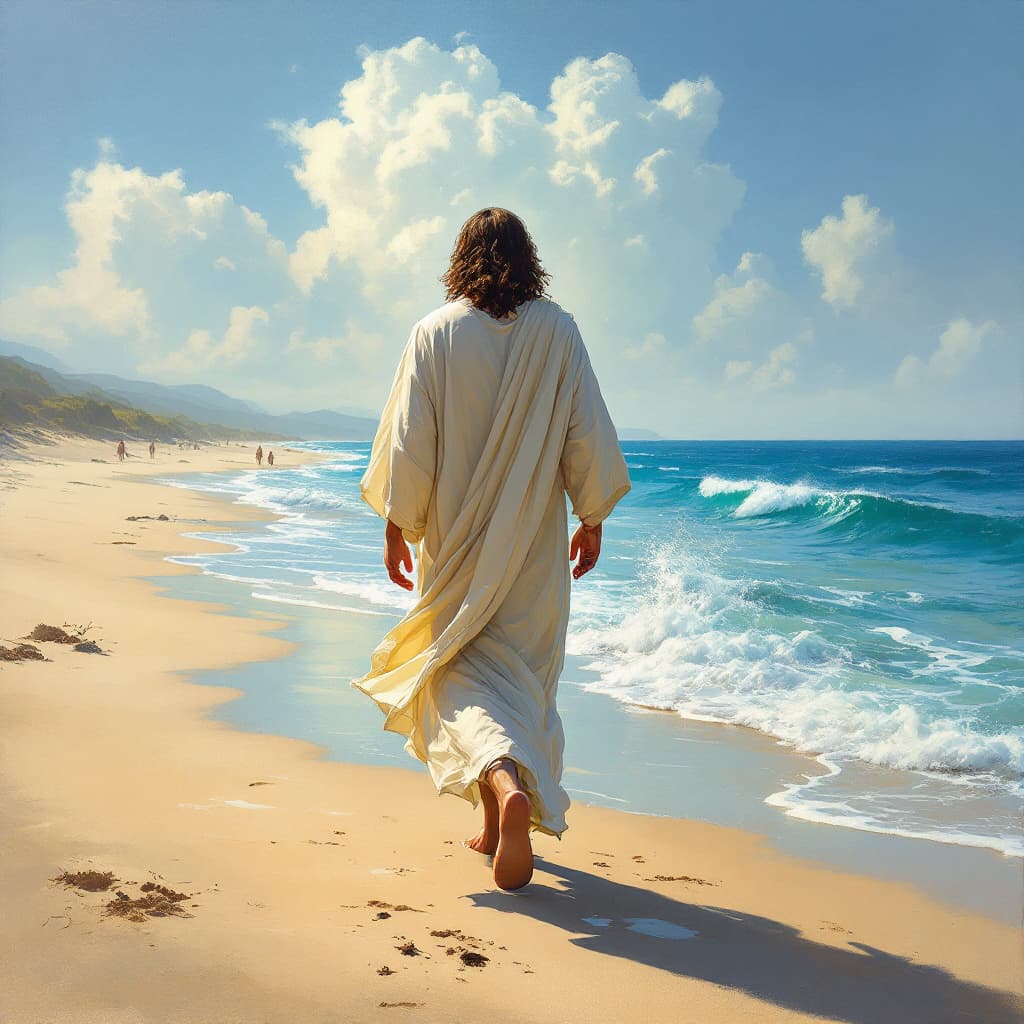 AI generated: Jesus walking on the beach from the back, not walking on the sand, next to the beach next to the wat...