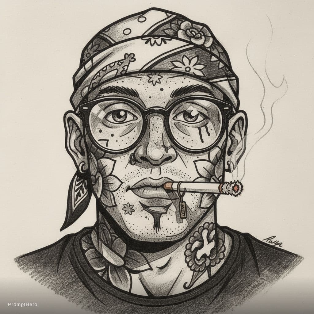 AI generated: detailed black and white drawing of an attractive man with freckles, wearing large round glasses, a ...