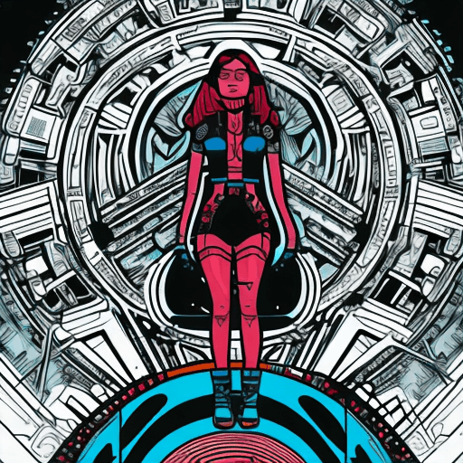 AI generated: high contrast comic book style art, cyberpunk aztec girl standing on a small moon, pop art, comic ar...