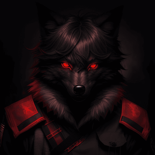 AI generated: art, furry, anthro, wolfe, red glowing eyes, black messy hair, boy, army uniform.
