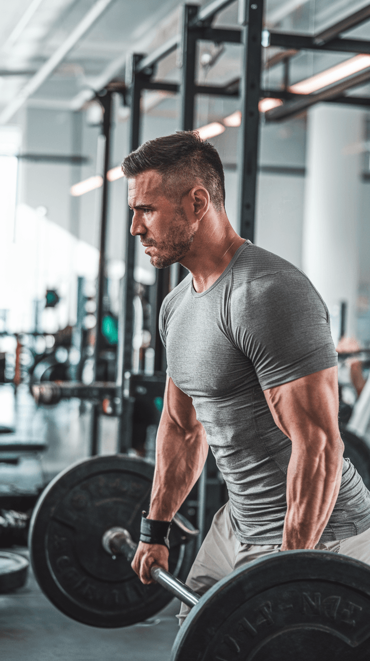 AI generated: A 29-year-old Croatian man in a modern gym setting, engaged in an intense workout. He has an athleti...