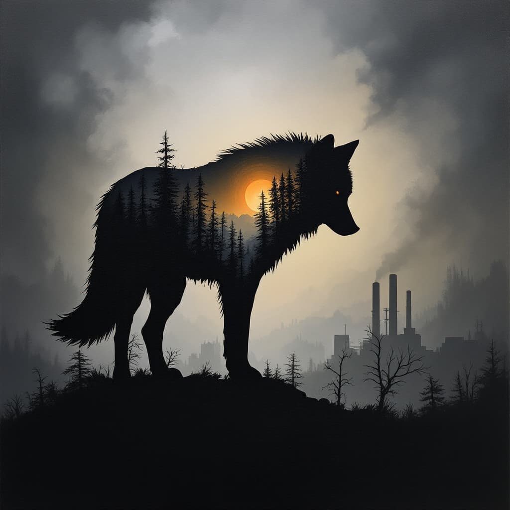 AI generated: oil painting, cardboard like silhouette of a wolf, head down, low tail, inside wolf silhouette, outl...