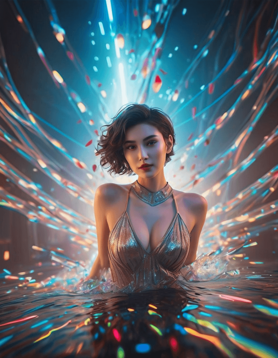 AI generated: Woman in the water, close up, neon garland on background, luminescent particles, masterpiece, perfec...