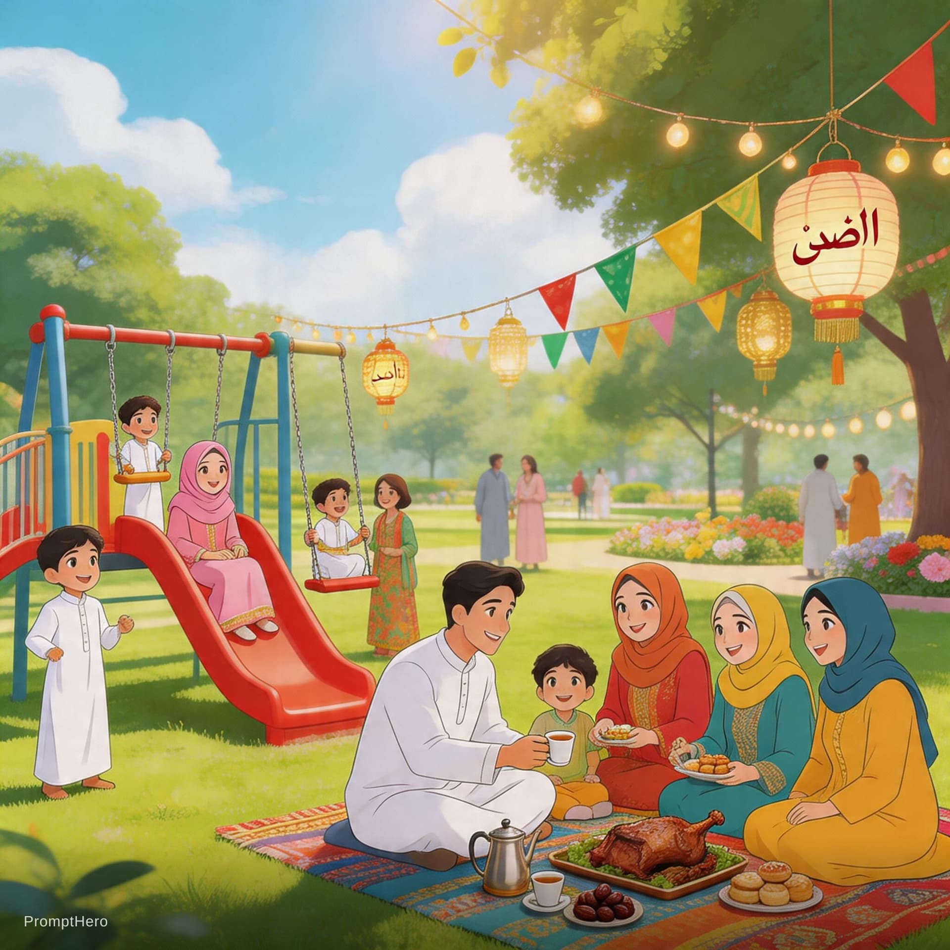 AI generated: A video design about Eid al-Adha events, in a large park with children's play areas and areas for ea...