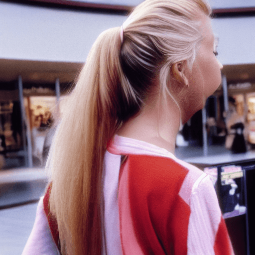 AI generated: Beautiful blonde girl in 1985 wearing side ponytail standing in the mall — s 1000 — weird 1000