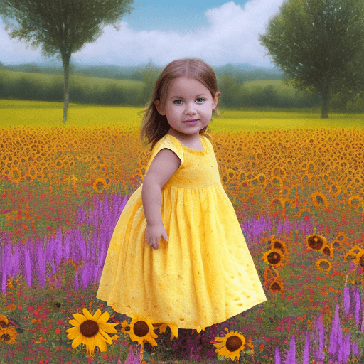 AI generated: una niña pequeña en medio de una campo de flores de girasoles
