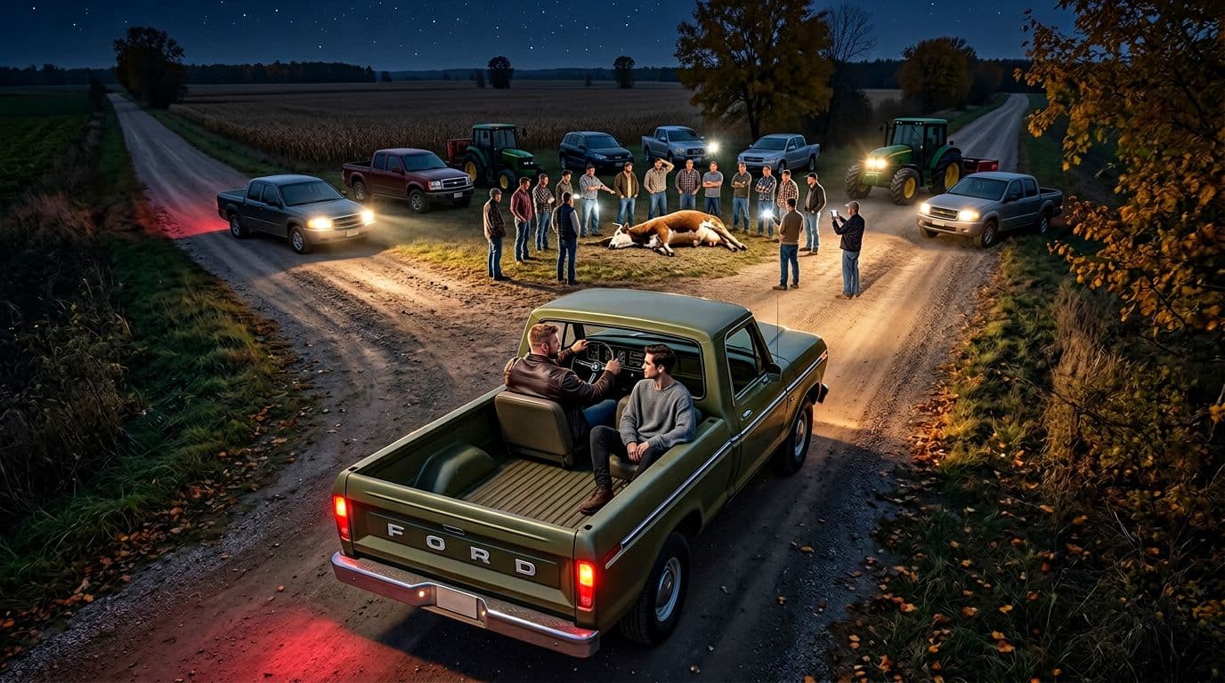AI generated: In an Autumn night. the male muscular model is driving a vintage olive green Ford pick up truck. The...