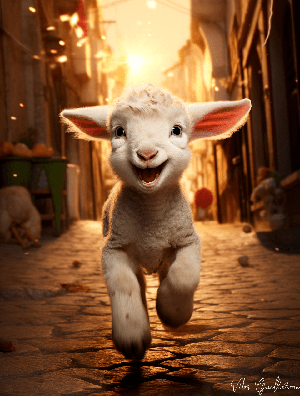 AI generated: a baby lamb running and laughing, streets of jerusalem, dark lights, cinematic, hyper realistic, det...