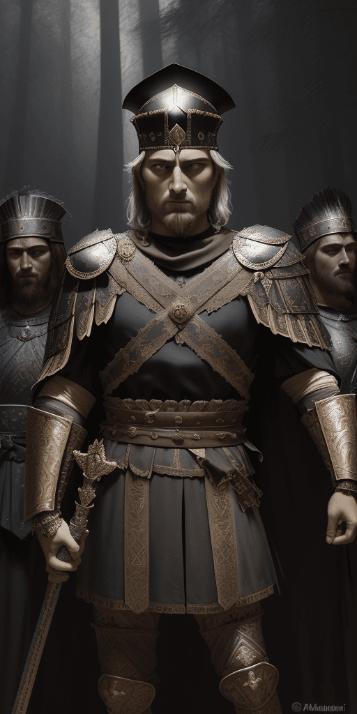 AI generated: portrait of the ostrogothic king Theoderic the great, dressed like roman centurion, intricate action...
