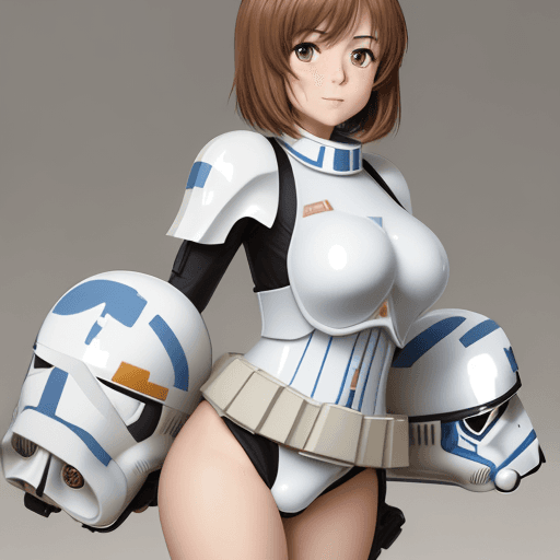 AI generated: girls und panzer, 2d, nishizumi miho, clone trooper armor, white and blue markings, short brown hair...