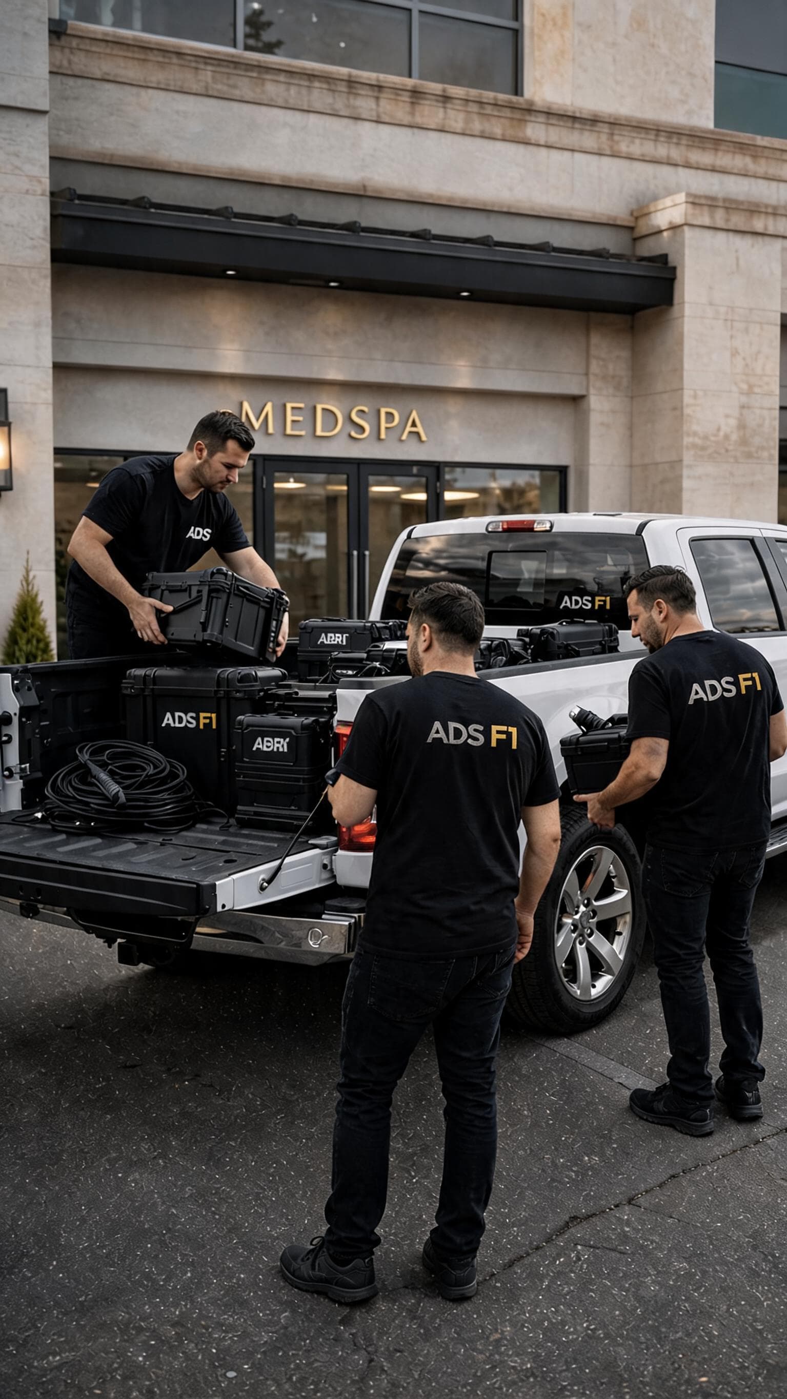 AI generated: Create a realistic 9:16 cinematic video of three ADS F1 crew members slowly unloading black producti...