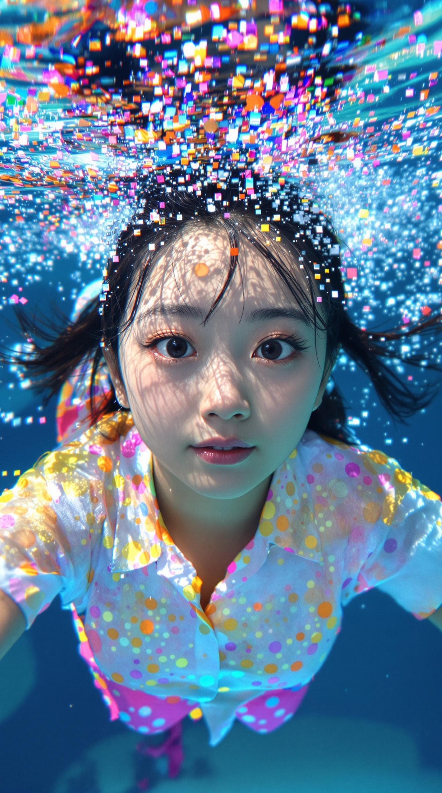 AI generated: A beautiful chinese girl with big  eyes and long eyelashes is swimming underwater. The water around ...