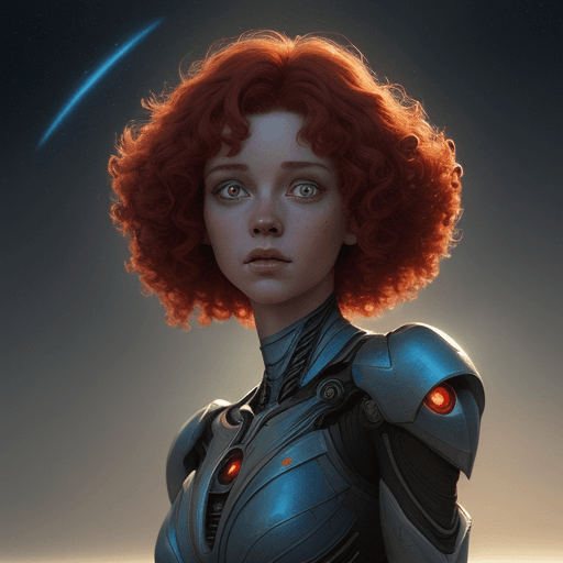 AI generated: cartoon beautiful angle of female alien species with short curly red hair beautiful bright eyes bree...