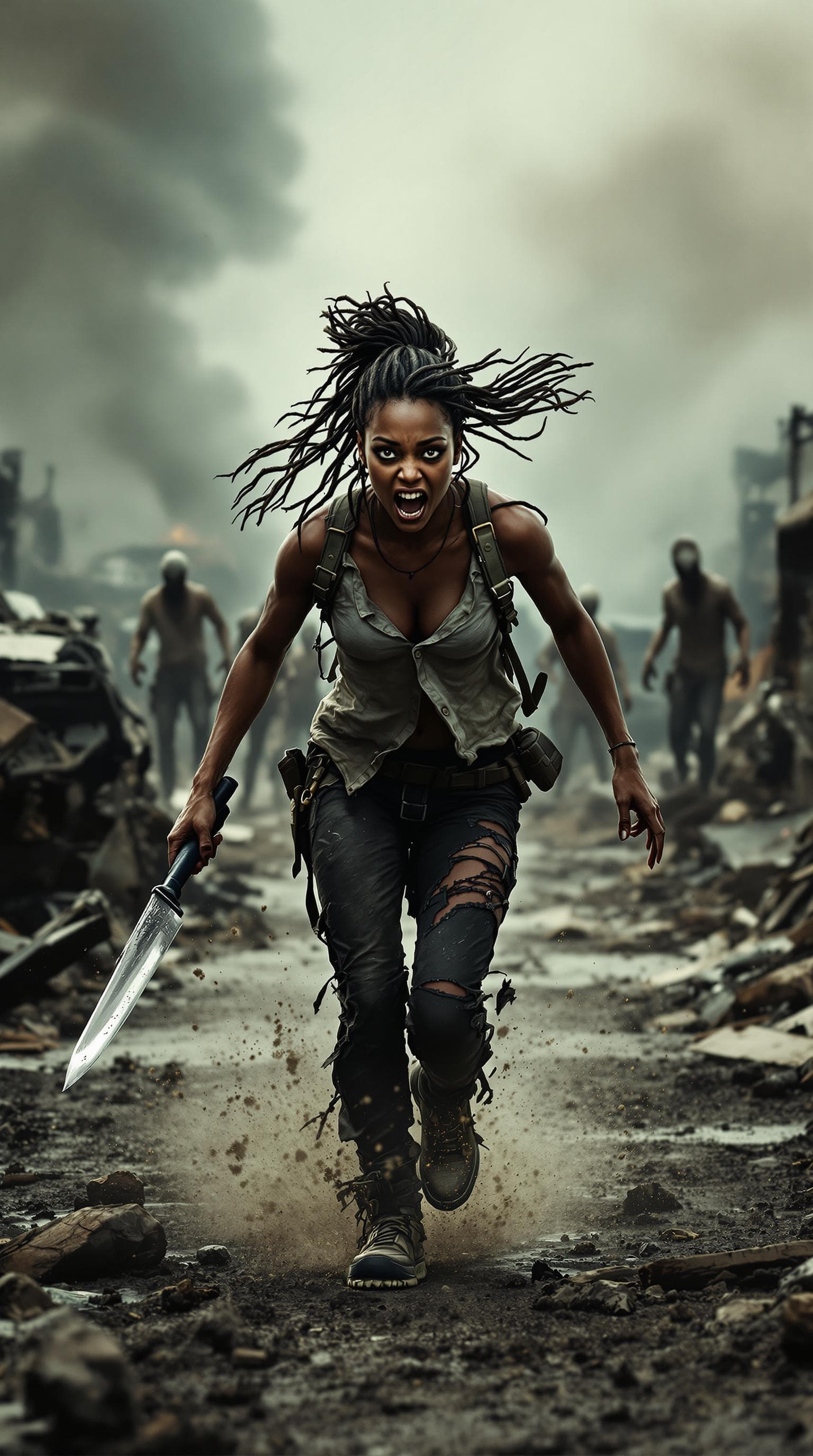 AI generated: On the junkyard, smoke in the background, and zombies. A very young black woman running with destroy...