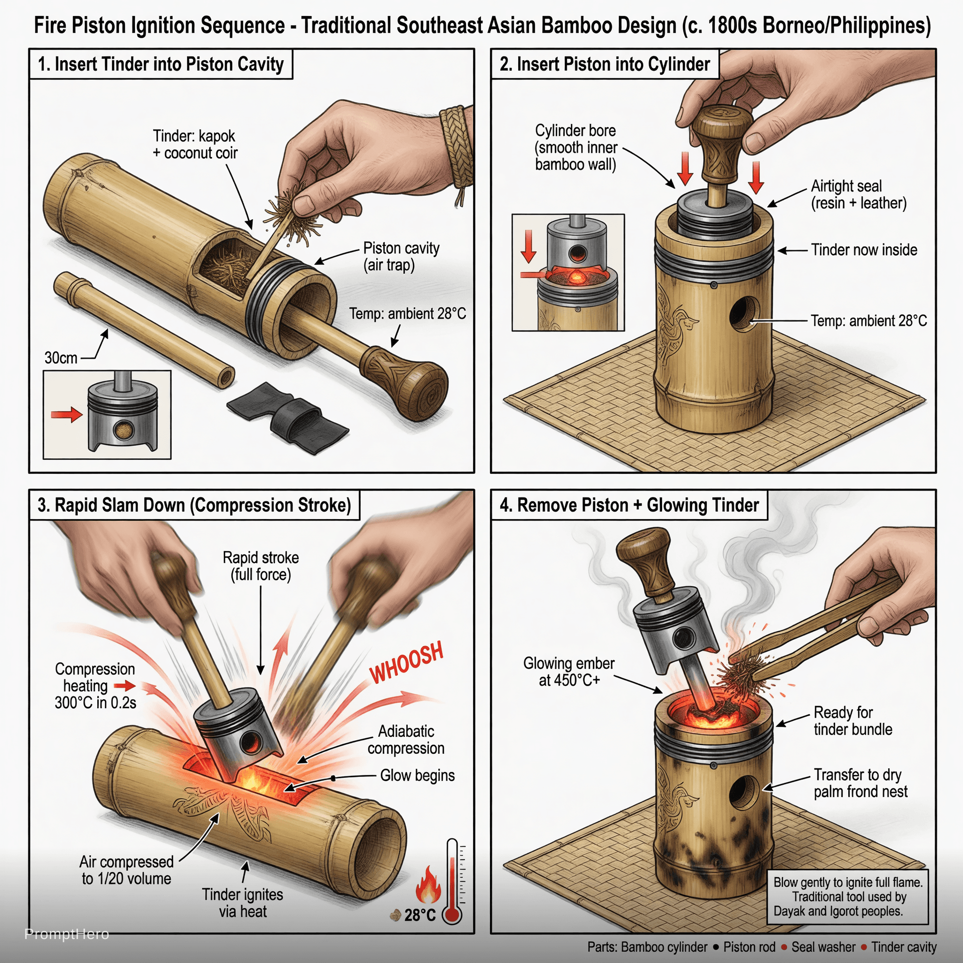 AI generated: Professional technical sequence illustration showing the 4 steps of using a fire piston, clean engin...