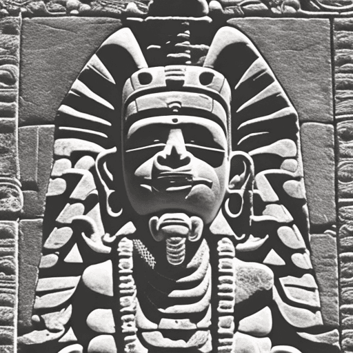 AI generated: maya empire piramide entrance stone carving of kukulkan god 