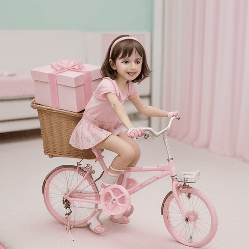 AI generated: A pile of pink gift boxes for a newborn girl, with a small toy bicycle, childlike image