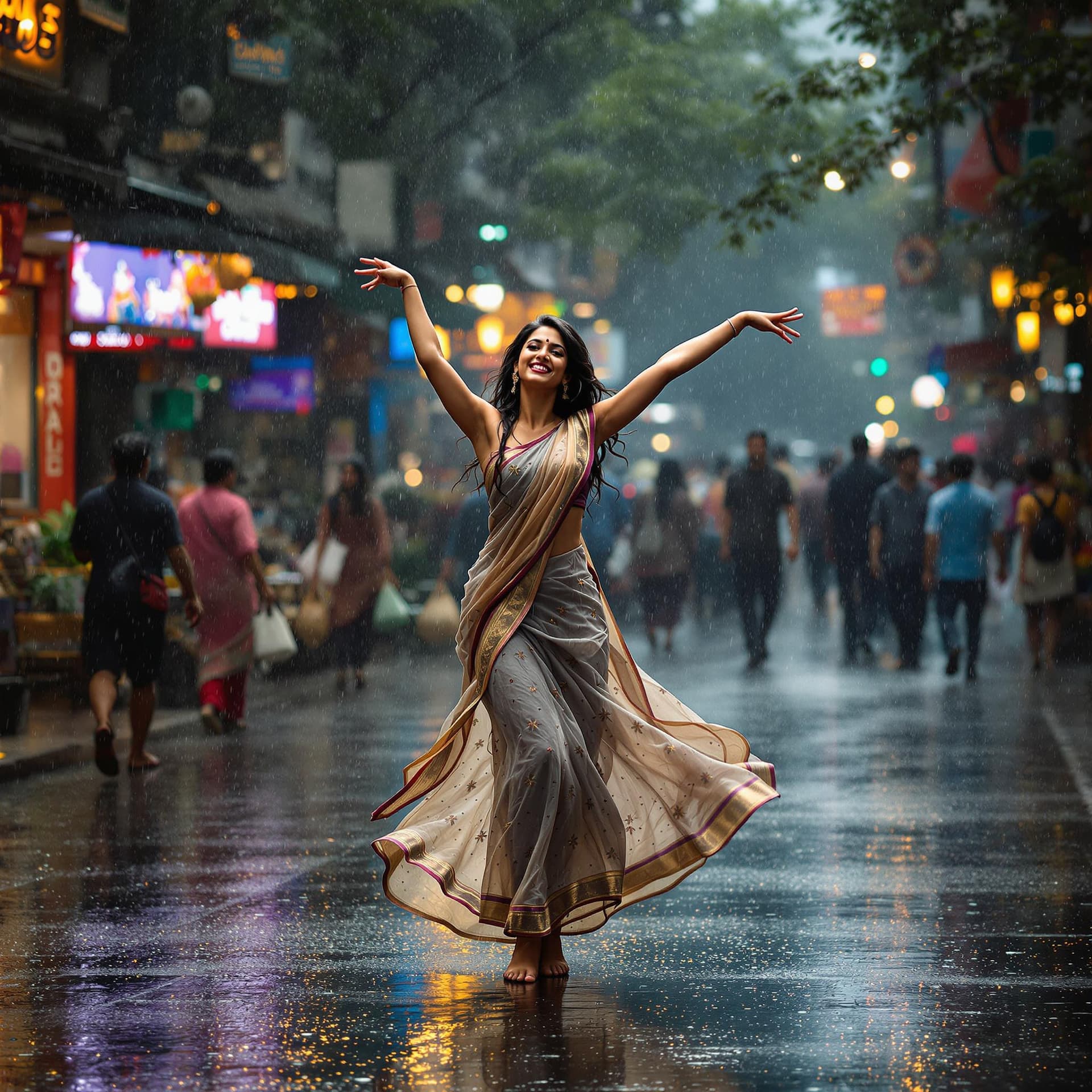 AI generated: An image depicting the metaphor of life as Indian girl dancing in the rain. Show a joyful and confid...