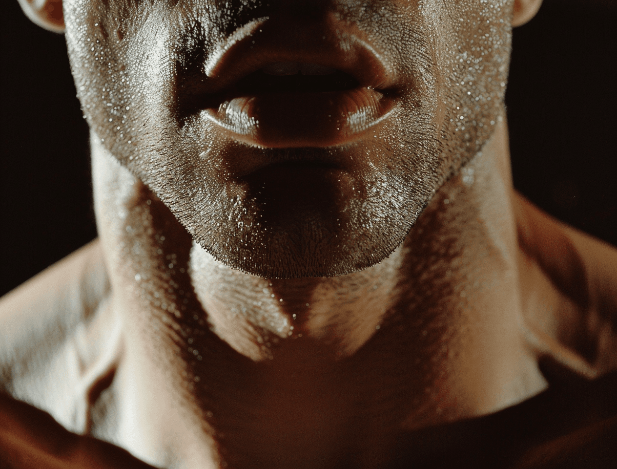 AI generated: Close up of an attractive muscular man's mouth, in the background is his torso and chest, home video...
