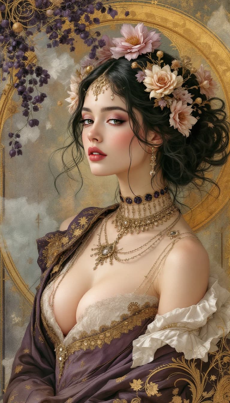 AI generated: Channeling Alphonse Mucha and Gustav Klimt, an exquisitely rendered, full-length illustration of a G...