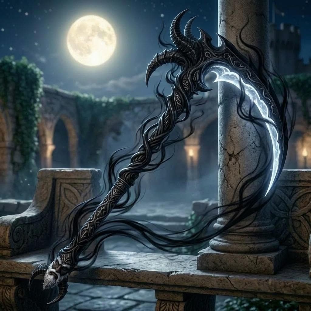 AI generated: create a shadow scythe inspired by the demon in the reference image 
