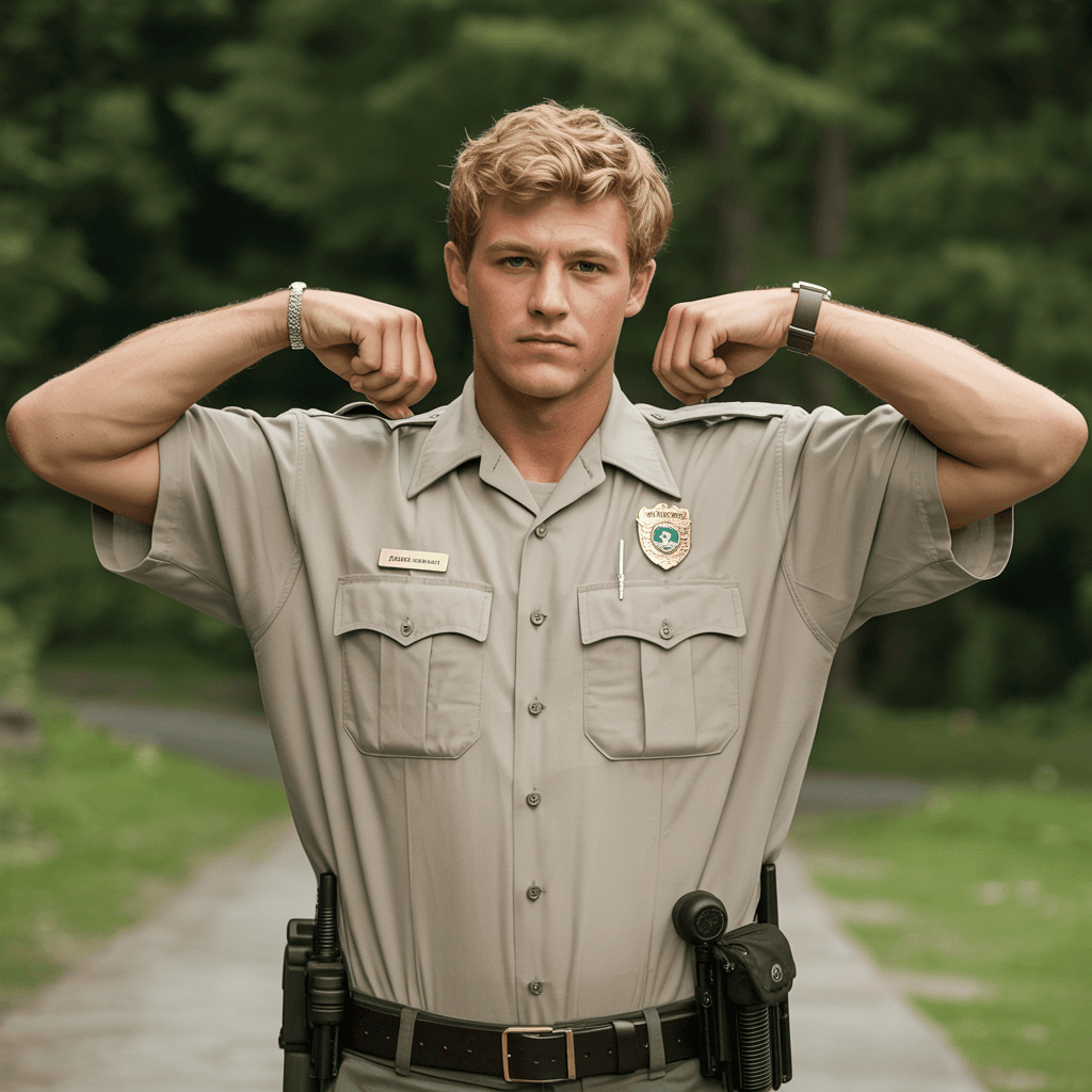 AI generated: A young blond male park ranger wearing ranger uniform with huge chest thick full wide shoulders girt...