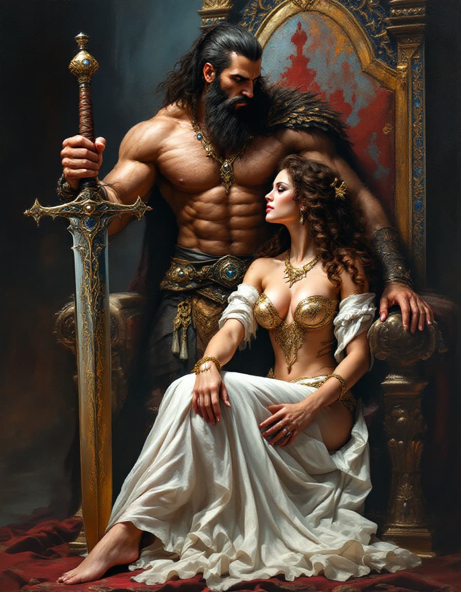 AI generated: A Barbarian Warrior and his Lady An exquisite dark fantasy oil painting depicting the formidable Bar...