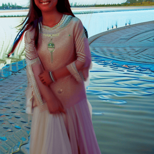 AI generated: beautiful brwon pakistani girl wearing white transparent gown walking in shallow waters smiling