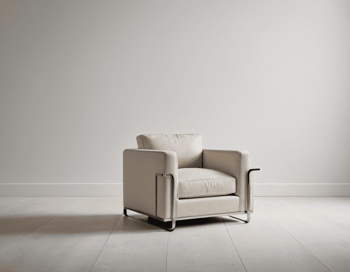 AI generated: minimalistic chair, white studio setting, a Hasselblad X1D II 50C 90mm lens, texture and fine stitch...