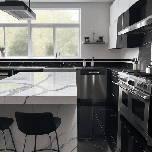 AI generated: front view, Create a contemporary kitchen using a Sony A7 III, 35mm f/2.8 lens. Highlight sleek blac...